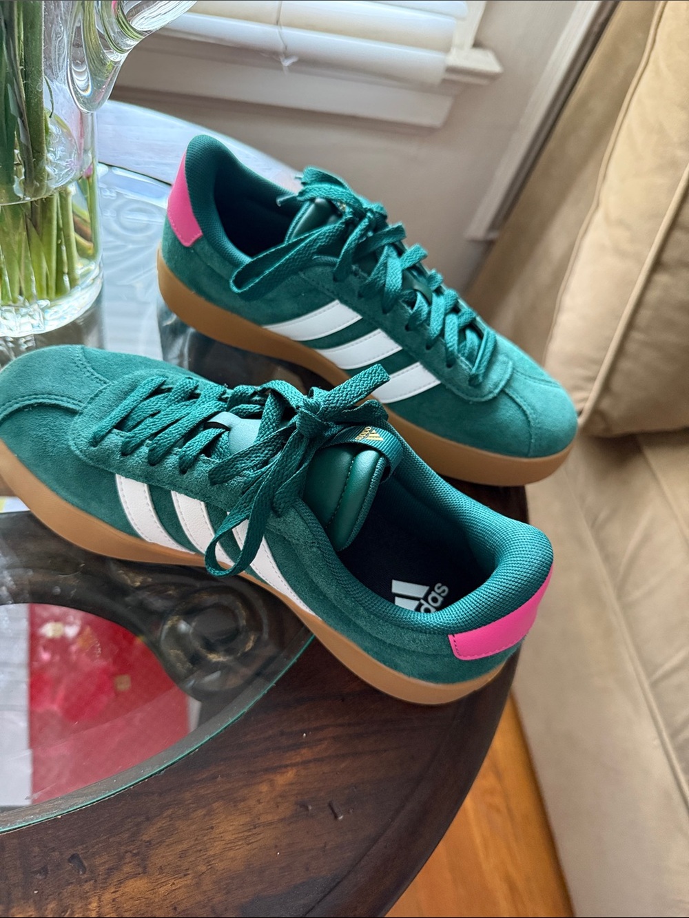 adidas Women’s Green Suede Sneakers with White Stripes and Pink Heel Accent